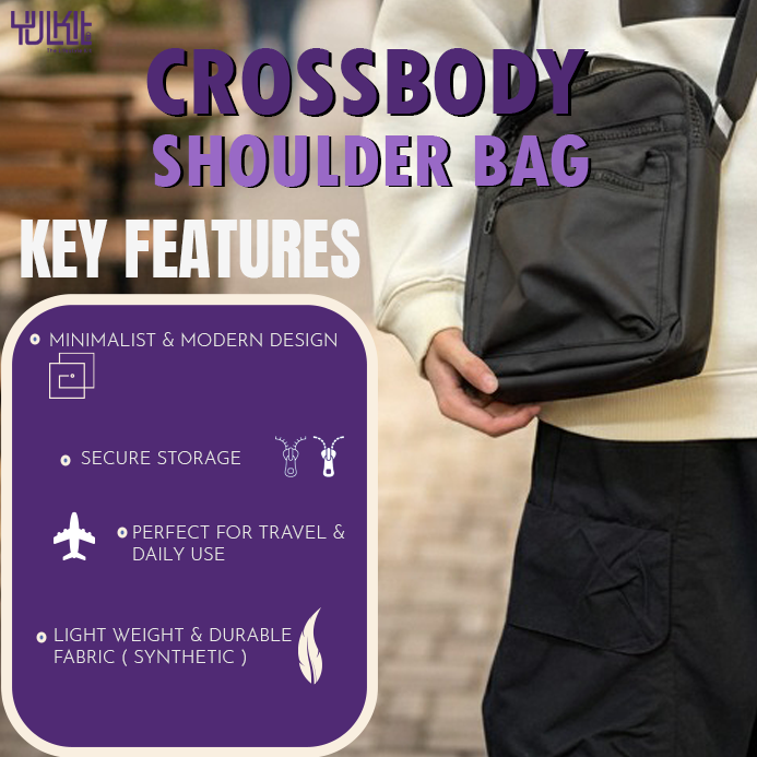 Unisex Black Crossbody Shoulder Bag – Lightweight Sling Bag with Adjustable Strap & Zipper Pockets